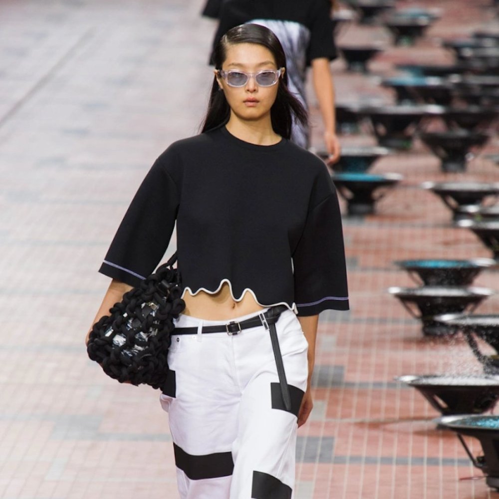 Kenzo Paris Spring Runway Collection Black Abstract Wavy Crop Top Blouse